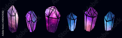 Watercolor colorful Crytal Gemstones isolated on dark background