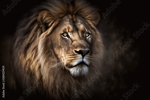 Lion in the Dark, Portrait of a Beautiful Lion. Generative AI © AkuAku