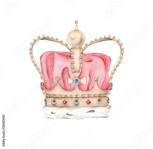 Watercolor hand draw illustration royal gold crown with precious stones sapphire and emerald. Coranation, king, queen. Isolated on white background.