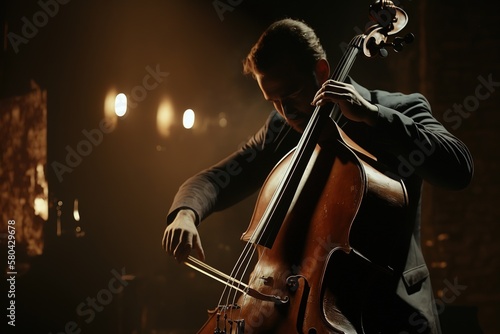 Classical musician playing a double bass at an evening concert. Ai generated.