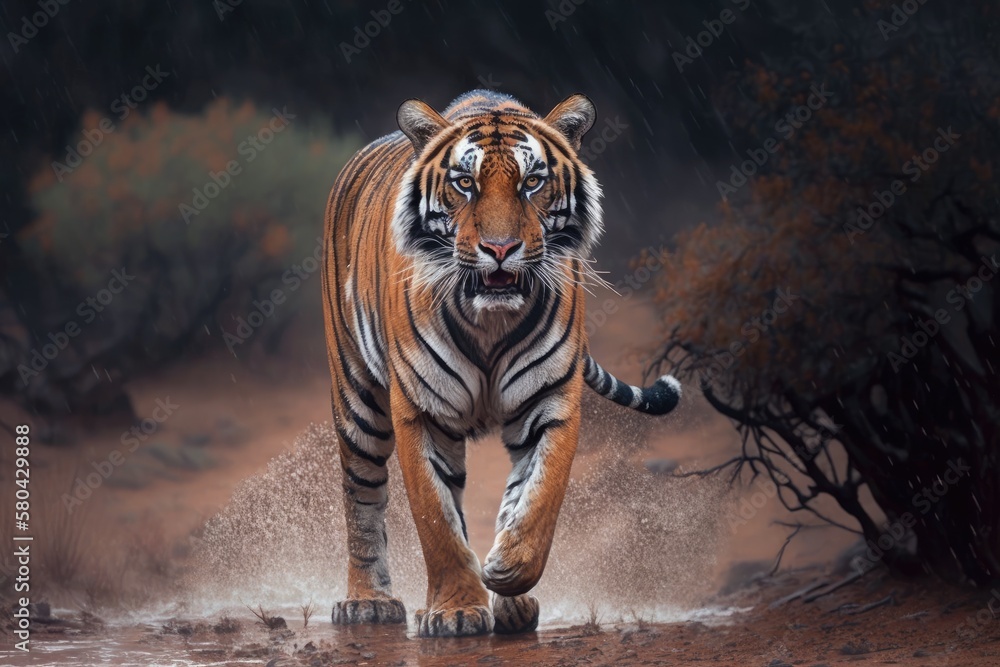 Male Indian tiger in Ranthambore, India, after it has rained for the first time. Big cat, endangered animal. End of the dry season, start of the rainy season. Generative AI