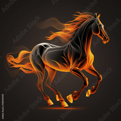 Bright Running Fire Horse Isolated on Dark Background. Generative AI