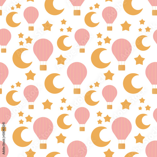 Baby shower seamless pattern with balloon  moon and stars on white background. It s a girl.