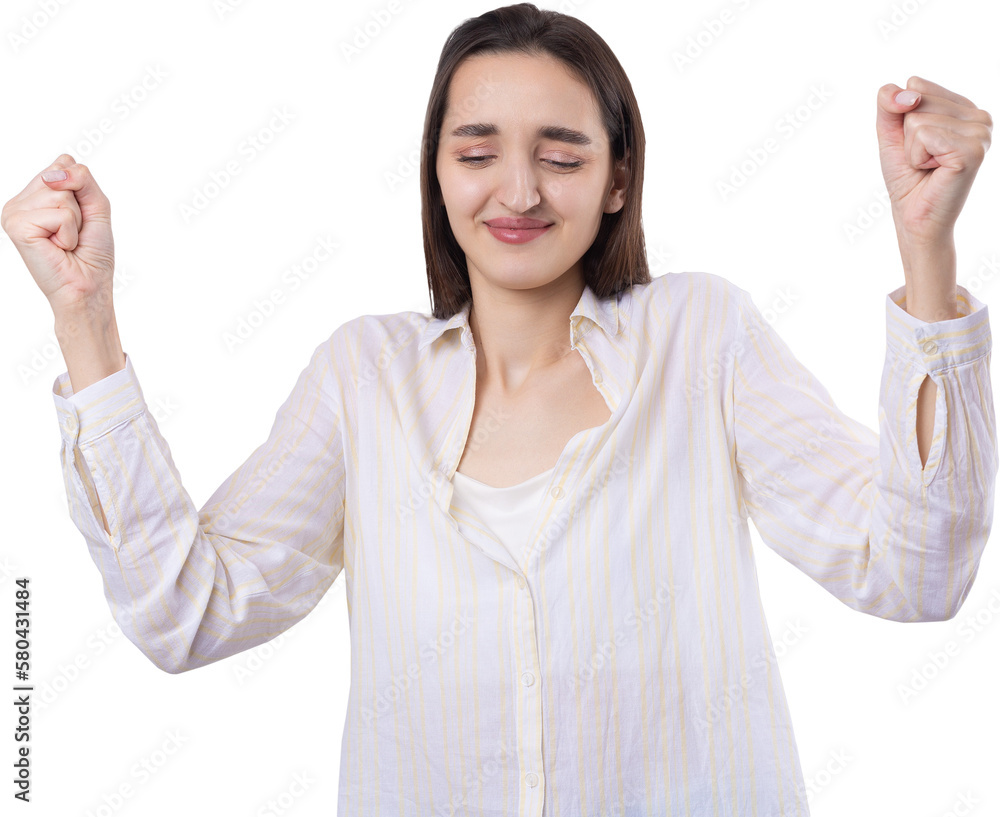 Happy young caucasian female wearing a white shirt clenched fist up for joy. Success and happiness of the work. Successful person, victory! Happy young caucasian female wearing a white shirt clenched fist up for joy. Success and happiness of the work. Successful person, victory!