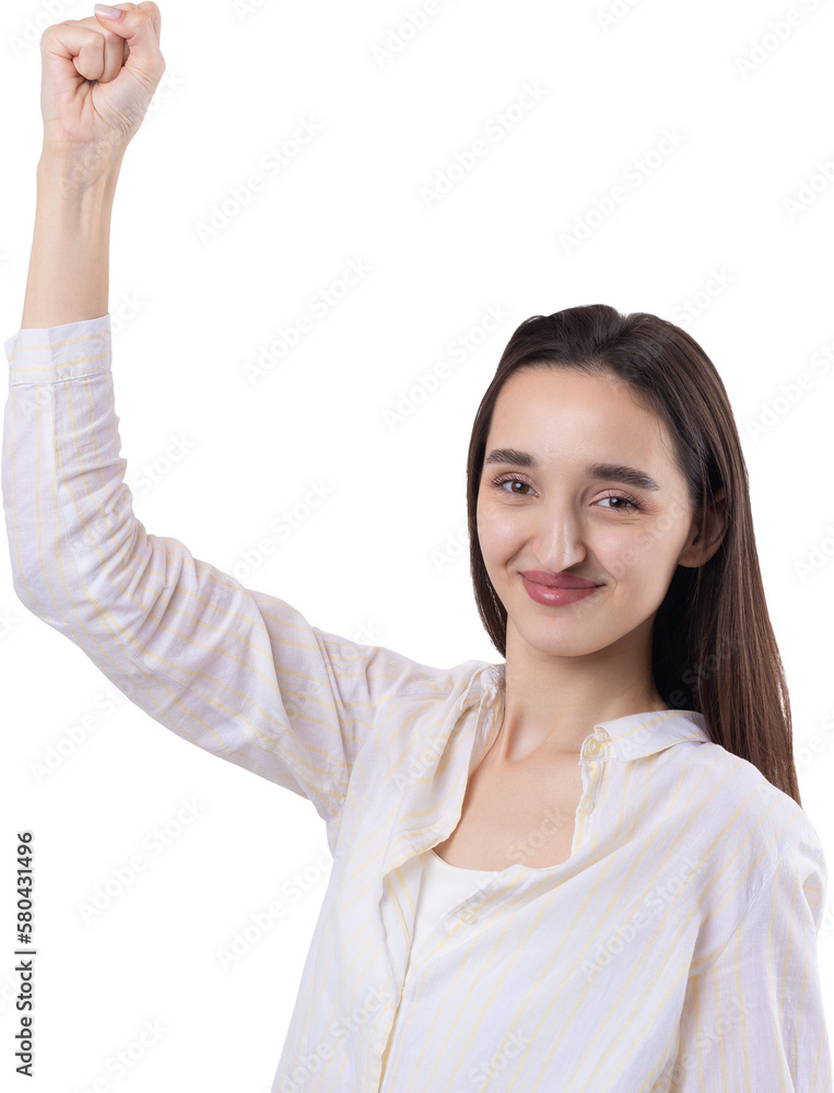 Happy young caucasian female wearing a white shirt clenched fist up for joy. Success and happiness of the work. Successful person, victory! Happy young caucasian female wearing a white shirt clenched fist up for joy. Success and happiness of the work. Successful person, victory!