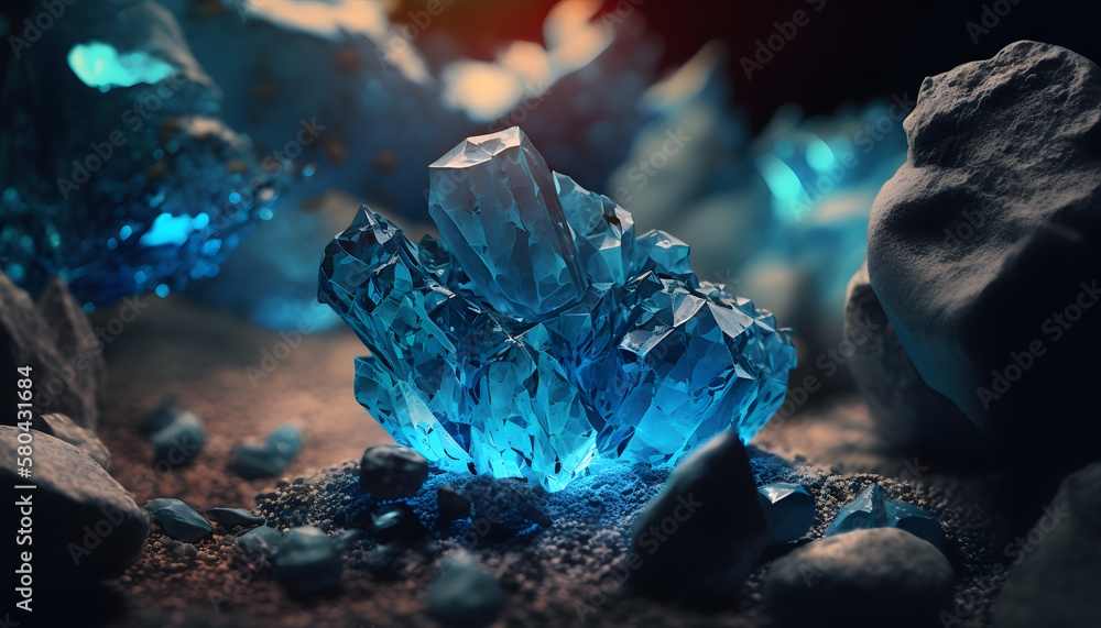 Fototapeta premium Blue glowing crystals in dark created with Generative AI technology