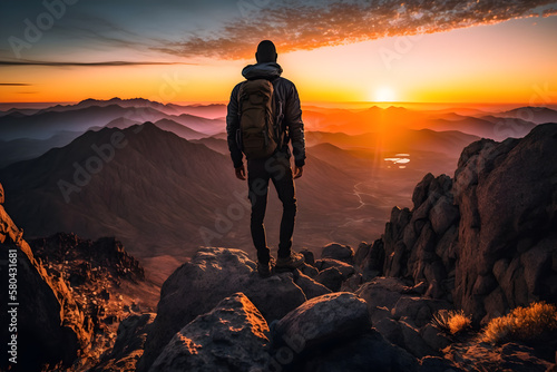 An alpinist on top of a high mountain watching the sunset. Generative AI. photo
