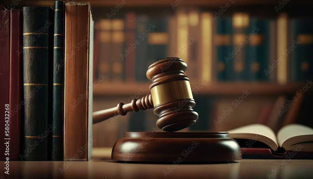 Wooden judge gavel in library. Law concept of Judiciary, Jurisprudence and Justice. Copy space. Based on Generative AI Wooden judge gavel in library. Law concept of Judiciary, Jurisprudence and Justice. Copy space. Based on Generative AI
