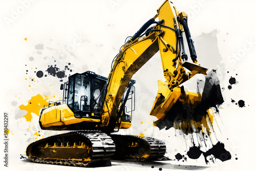 Modern illustration of a yellow backhoe. Watercolor drawing style and minimalist strokes. Generative AI.