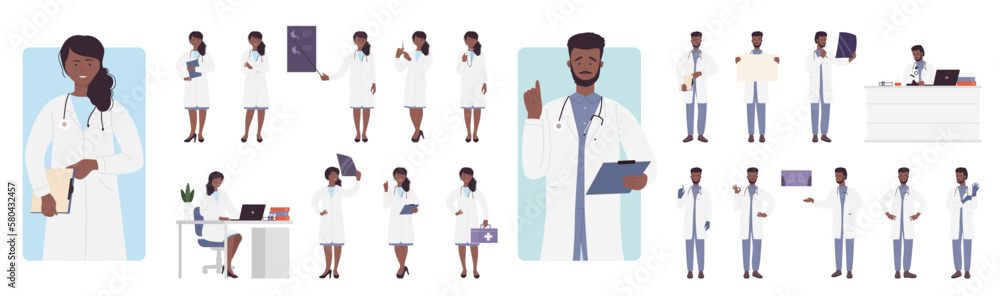 Cartoon isolated dark skin female male characters with stethoscope, medical robes, man woman research patients xray of lungs and stomach, holding first aid box. Doctors pose set vector illustration