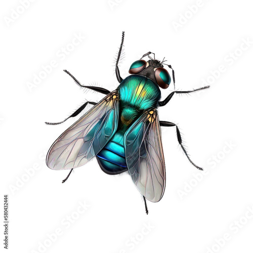 Detailed colorful fly portrait closeup macro on isolated white background