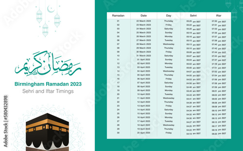 Birmingham Ramadan 2023 Calendar. Vector File Print Ready. Translation: Happy Ramadan, Ramadan Greetings.