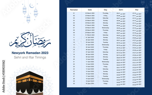 Newyork Ramadan 2023 Calendar. Vector File Print Ready. Translation: Happy Ramadan, Ramadan Greetings.