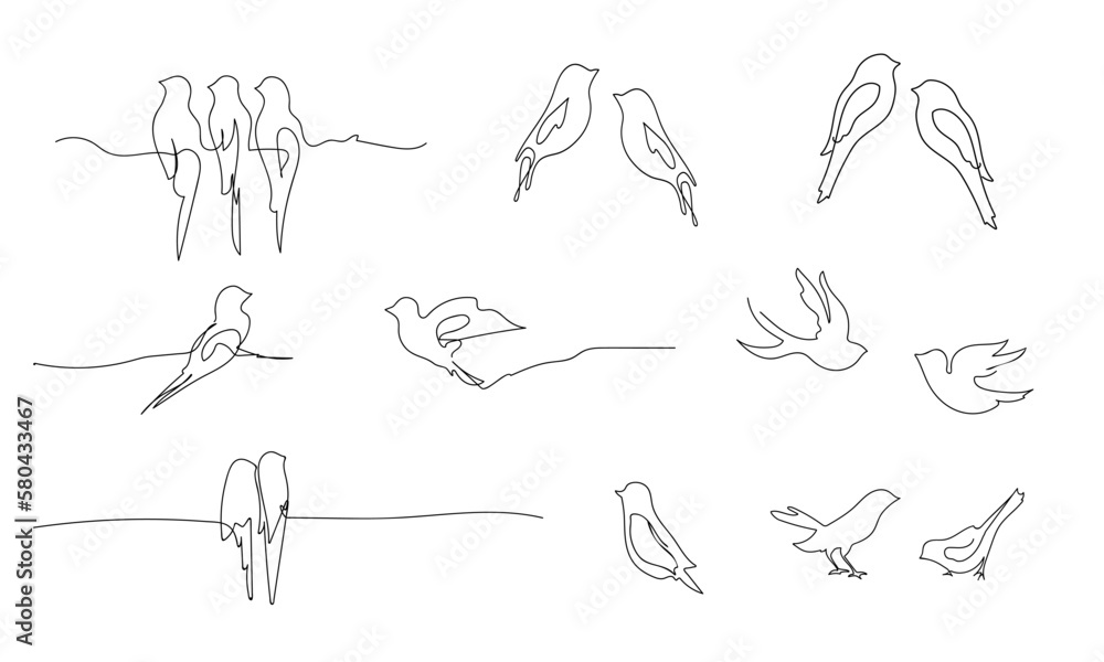 Birds continuous line drawing elements set isolated on white background. Vector illustration. Set of different birds. Outline painting.