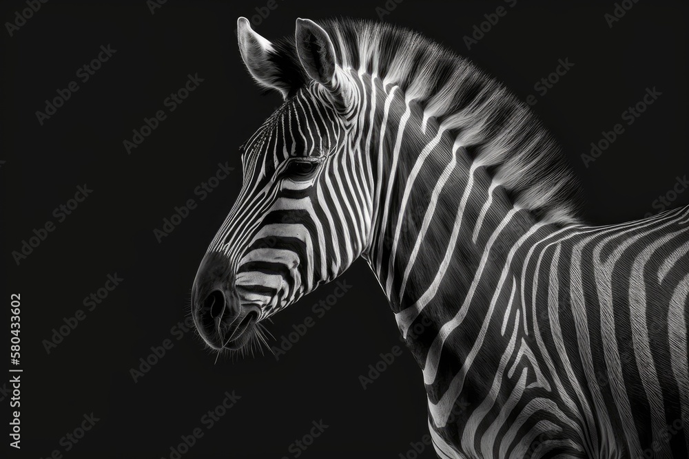 Fototapeta premium One zebra on a black background, seen from the side. Black and white art photography, striped animal pattern, african wild nature monochrome wallpaper, copy space. Generative AI