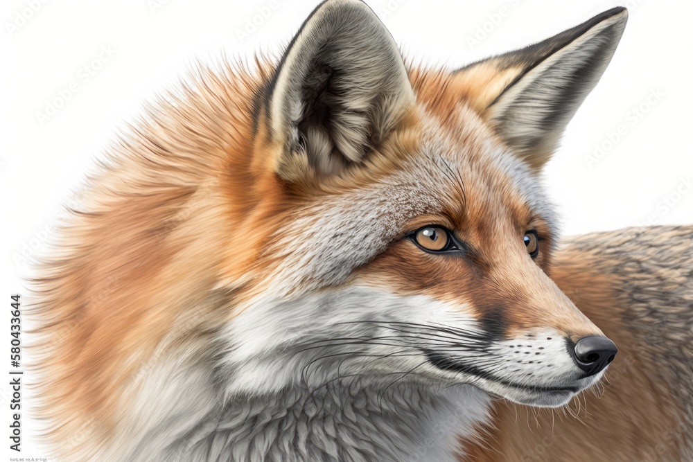 American red fox (Vulpes vulpes) close up cropped detailed portrait on a white background, side view. Generative AI illustration. American red fox (Vulpes vulpes) close up cropped detailed portrait on a white background, side view. Generative AI illustration.