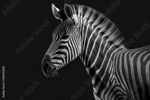 One zebra on a black background, seen from the side. Black and white art photography, striped animal pattern, african wild nature monochrome wallpaper, copy space. Generative AI