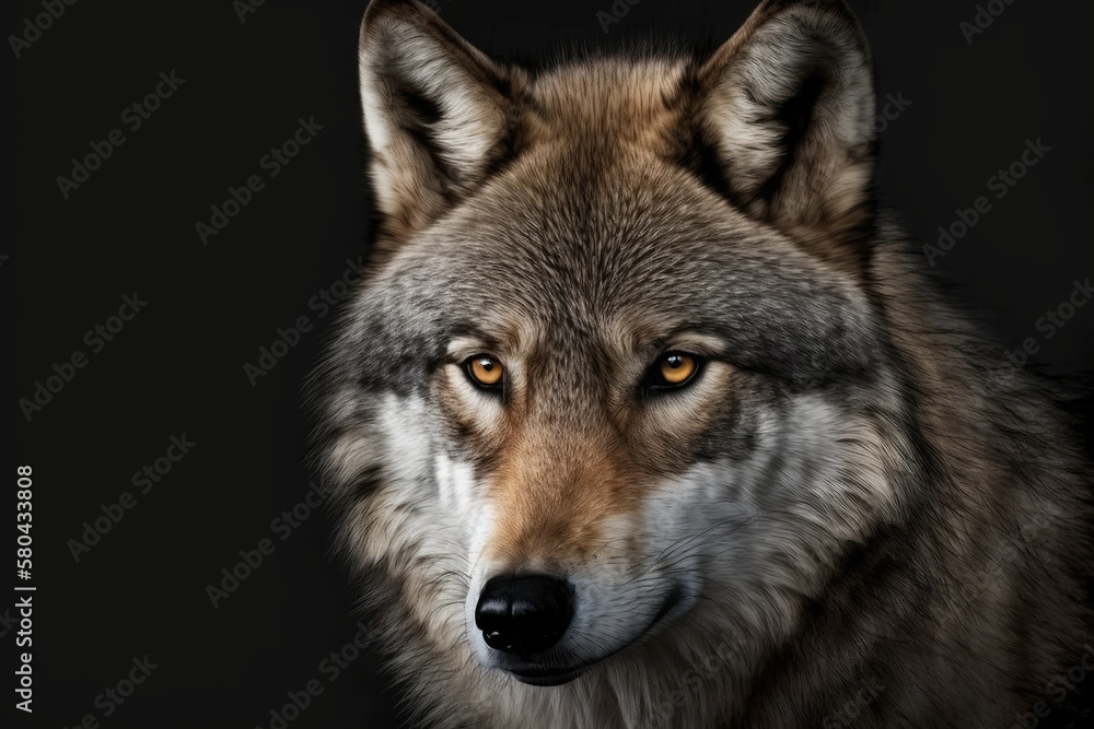 On a black background is a head on picture of a female grey wolf. Horizontal image. The beasts of the forest are beautiful and dangerous. Generative AI