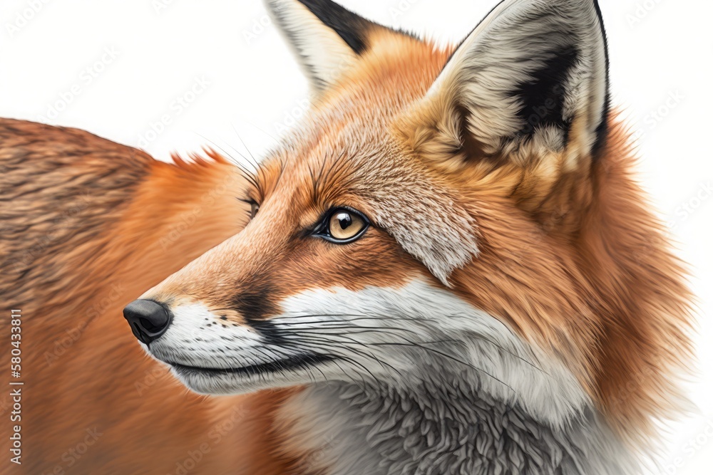 Fototapeta premium American red fox (Vulpes vulpes) close up cropped detailed portrait on a white background, side view. Generative AI illustration.