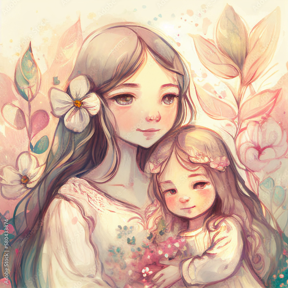 Concept of mothers day. Mother with her little child. AI generated illustration Concept of mothers day. Mother with her little child. AI generated illustration