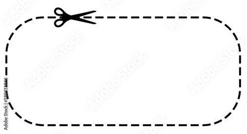 Scissors cut dotted line voucher with dash icon. Shear trim rectangle shape coupon or promo offer code along the guide line with dash or dot border. Vector flat illustation.