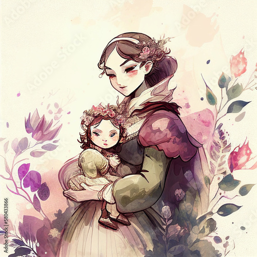 Concept of mothers day. Mother with her little child. AI generated illustration