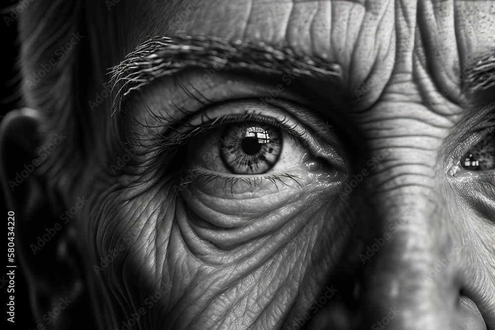 Obraz premium Portrait of an elderly man, grandpa smiling with a large close-up of his face, in black and white. Generative ai