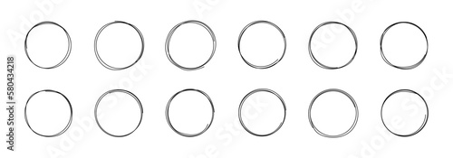 Set of hand drawn circle frame. Round line sketch collection isolated on white background. Circular shapes in doodle for message note mark design element. Vector illustration