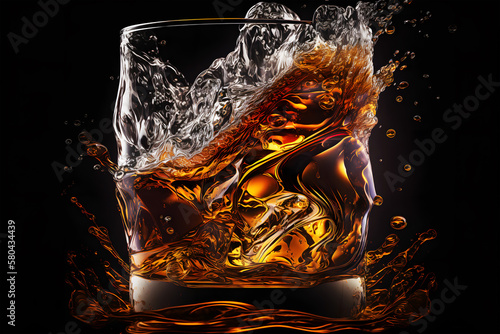 Whiskey glass with ice cubes and splashes on black background. Generative AI technology. photo