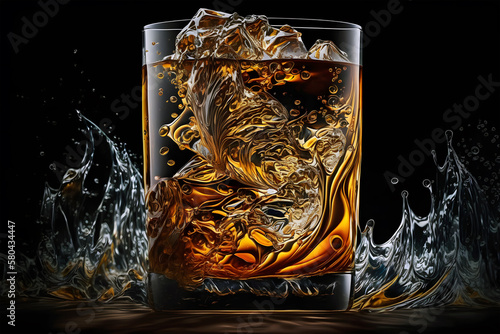 Whiskey glass with ice cubes and splashes on black background. Generative AI technology. photo