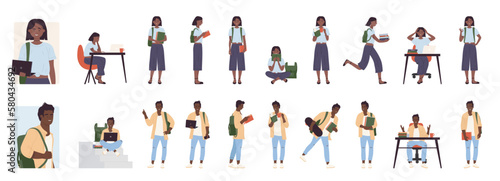 Cartoon student dark skin male female holding coffee cup, posing with book to study, walking, running with skateboard isolated. Man and woman young students poses infographic vector illustration set