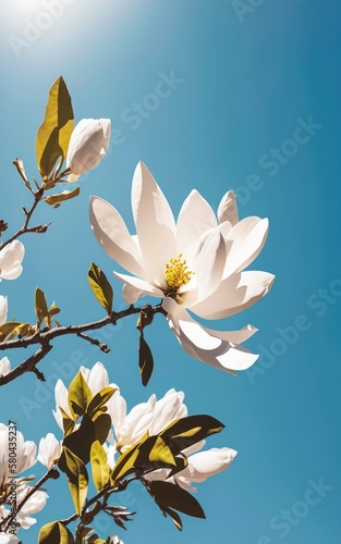 Beautiful white flowers in the light of the sun. Generative AI art.