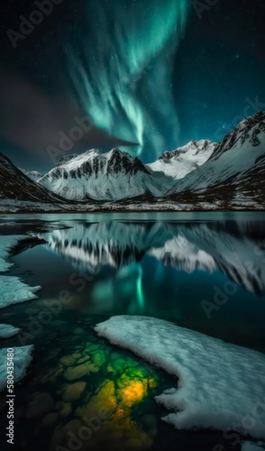 Night winter landscape of northern lights above snow-capped mountains and frozen lake. Aurora borealis. Geneartive AI.