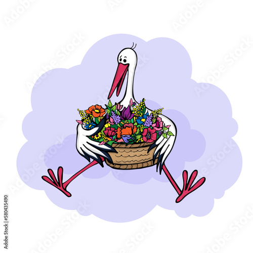 Сute cartoon stork with basket of spring flowers sits on cloud. For postcards for holiday of newborn, birthday, Easter, congratulations on mother's day or March 8