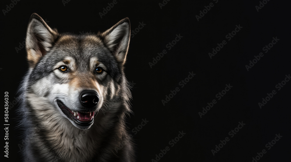Fototapeta premium portrait of a happy grey wolf, photo studio set up with key light, isolated with black background and copy space - generative ai