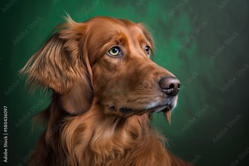 In the Studio shot, there is a portrait of a beautiful dog on a green background. Cute pet selective attention. Pet Lover concept . Pets indoors. Care for pets and ideas about animals. From the front