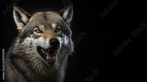 portrait of a angry growling grey wolf, photo studio set up with key light, isolated with black background and copy space - generative ai © Cristiano Venti