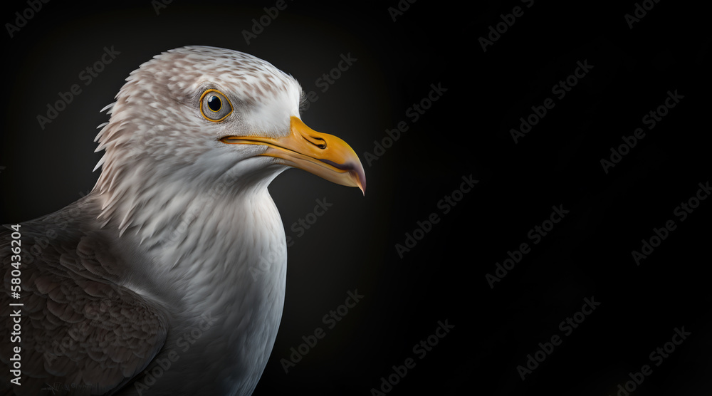 portrait of a seagull, photo studio set up with key light, isolated with black background and copy space - generative ai
portrait of a seagull, photo studio set up with key light, isolated with black background and copy space - generative ai