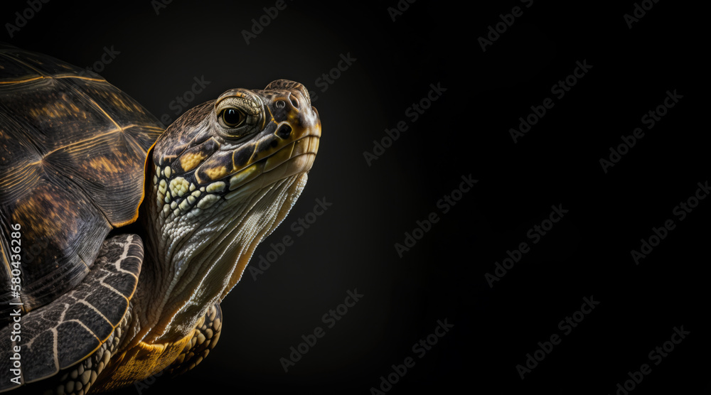 Obraz premium portrait of a turtle, photo studio set up with key light, isolated with black background and copy space - generative ai