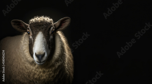 portrait of a sheep, photo studio set up with key light, isolated with black background and copy space - generative ai