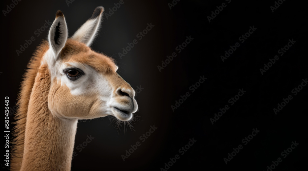 portrait of a lama, photo studio set up with key light, isolated with black background and copy space - generative ai