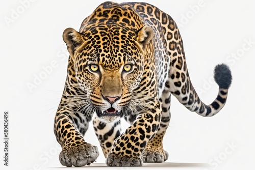 jaguar leopard isolate animal panther angry white head face stalking eye wild jaguar cat isolated on white running toward the camera with his fierce look pointing at the photographer jaguar leopard is