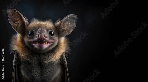 portrait of a happy smiling bat, photo studio set up with key light, isolated with black background and copy space - generative ai 