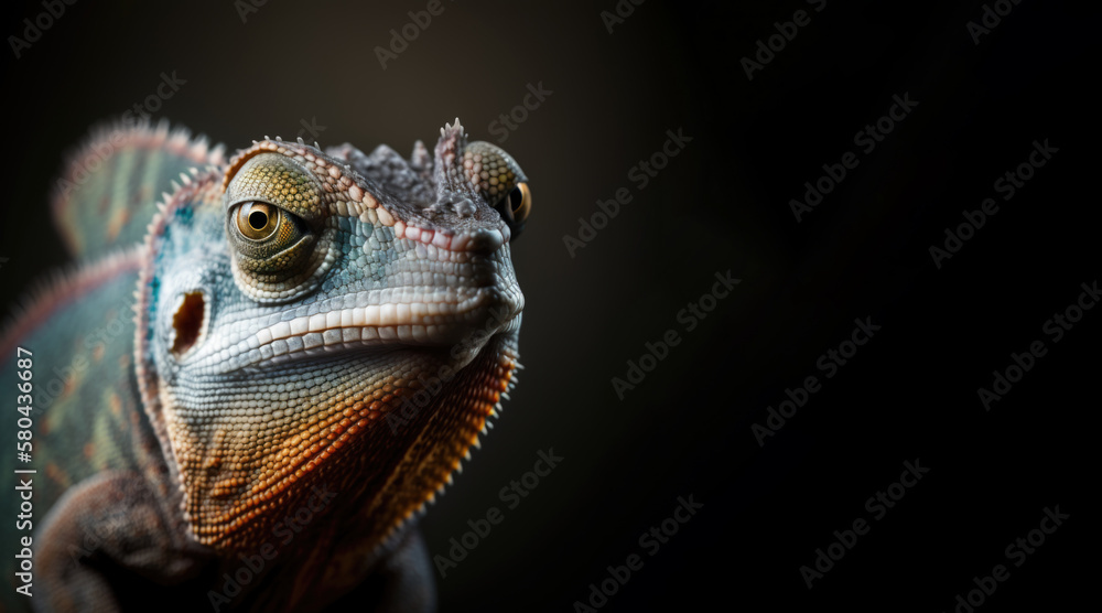 portrait of a blue chameleon, photo studio set up with key light, isolated with black background and copy space - generative ai portrait of a blue chameleon, photo studio set up with key light, isolated with black background and copy space - generative ai