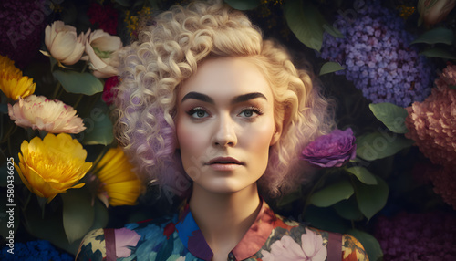 woman surrounded by flowers in spring