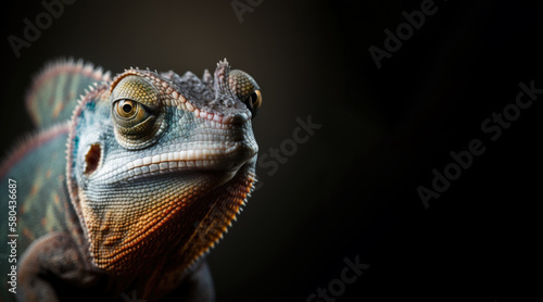 portrait of a blue chameleon  photo studio set up with key light  isolated with black background and copy space - generative ai 