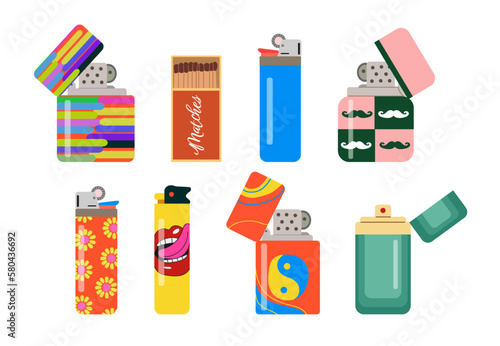 Set of various lighters. Metal and plastic lighters with colorful prints. Side view. Petrol lighters. Hand drawn modern isolated vector illustration. Design, template printing