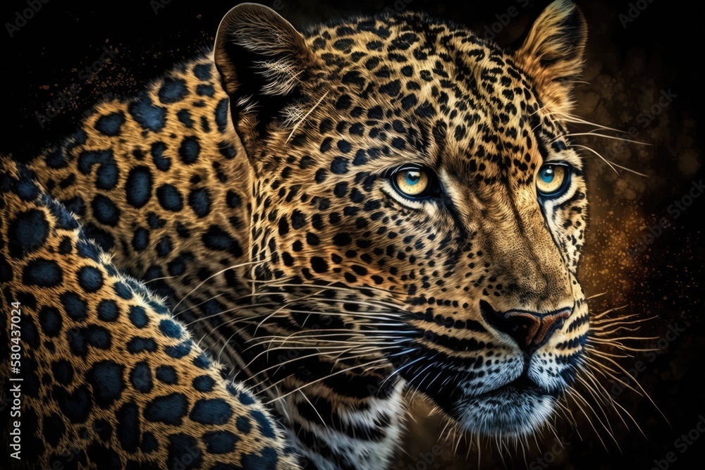 Fototapeta premium Leopard portrait. Jungle wildlife animals. Generative AI