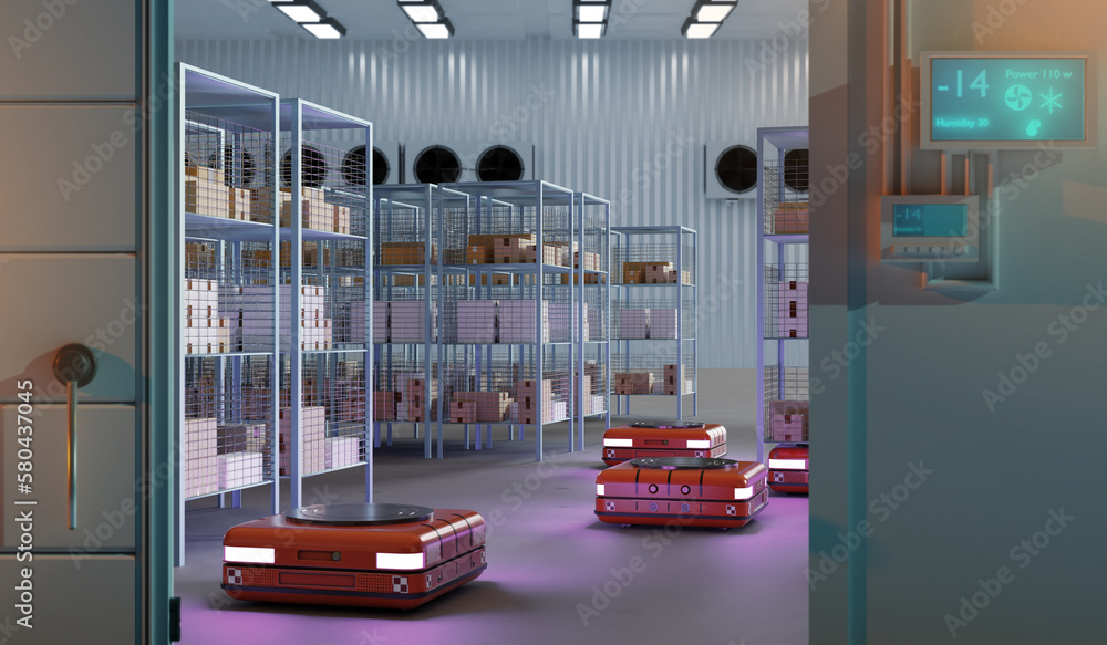 Industrial refrigerator. Warehouse freezer. Cold warehouse with robots