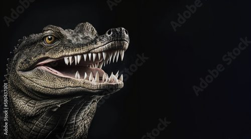 portrait of a crocodile with open mouth, photo studio set up with key light, isolated with black background and copy space - generative ai